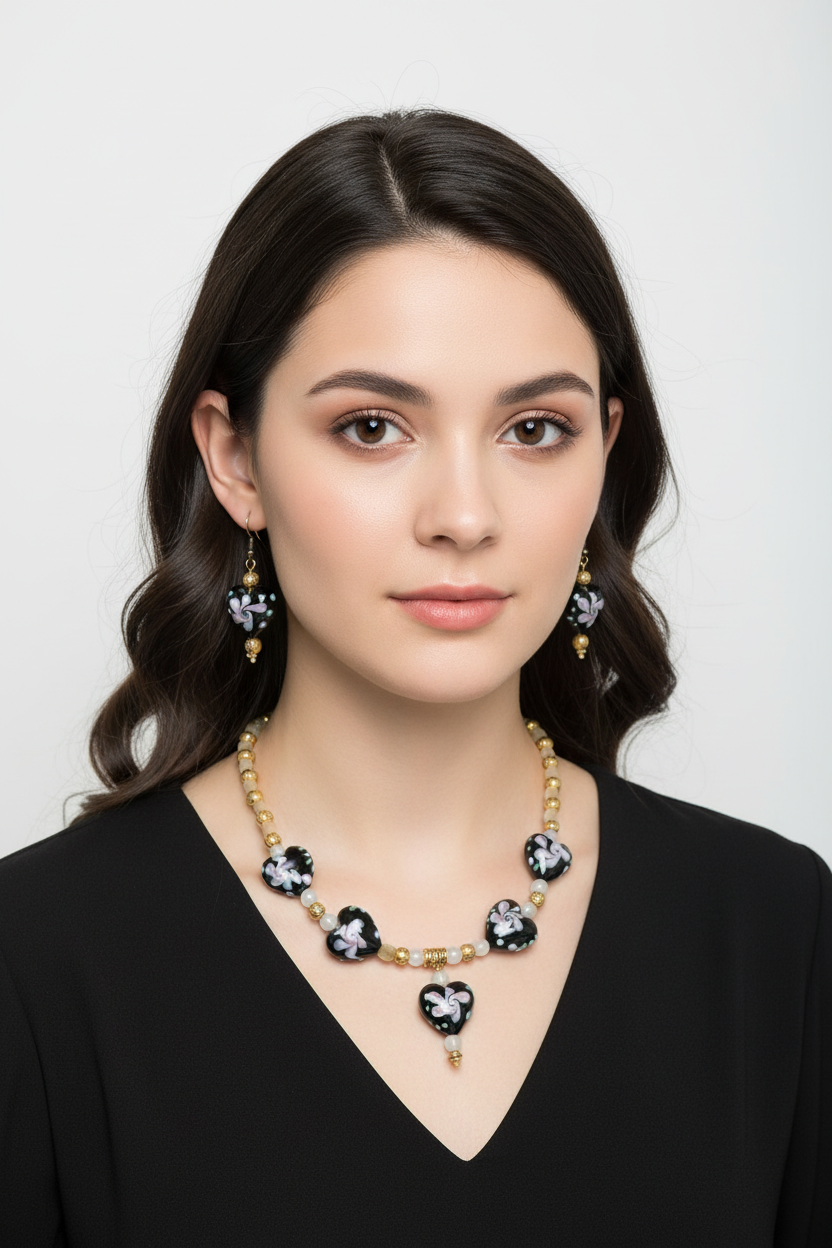 parure en perles de verre et coeurs en verre noir et rose décorés à la main nacrelune.com parure