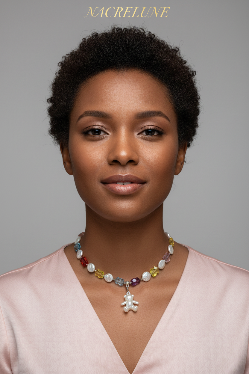 Collier Perles de Nacre Véritable et Strass avec Pendentif Ourson nacrelune.com collier