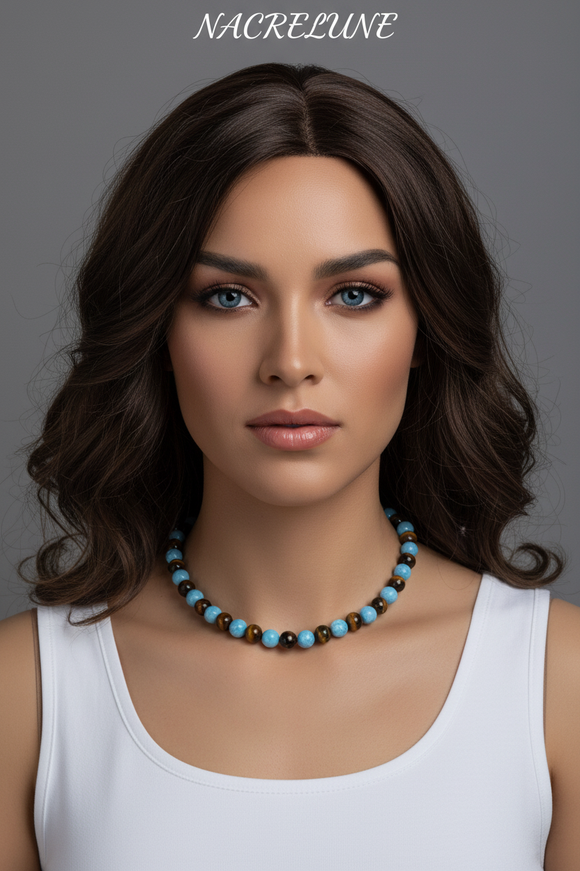 Collier Larimar et Œil du Tigre Naturels - Lithothérapie nacrelune.com collier