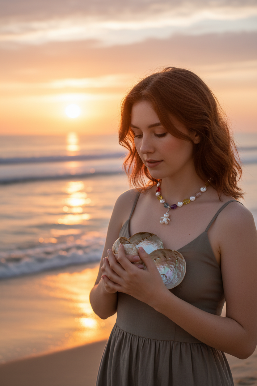 Femme plage coquillages nacre