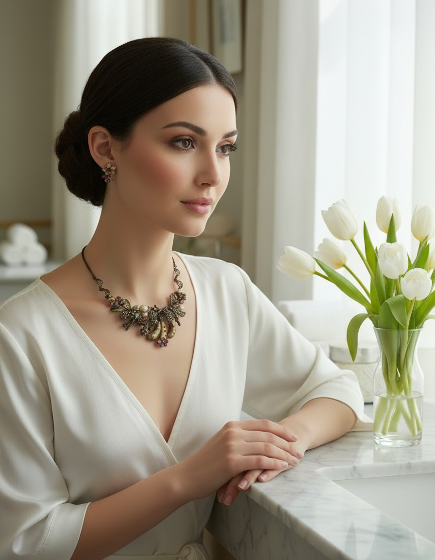 Parure fleurs et fruits en émail nacrelune.com parure