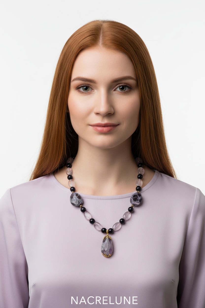 Femme rousse améthystes porté NACRELUNE
