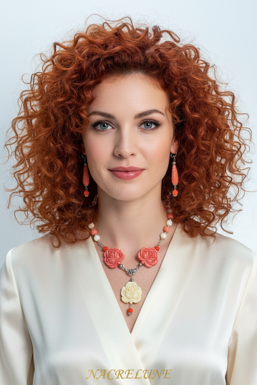 Femme rousse parure corail commercial NACRELUNE