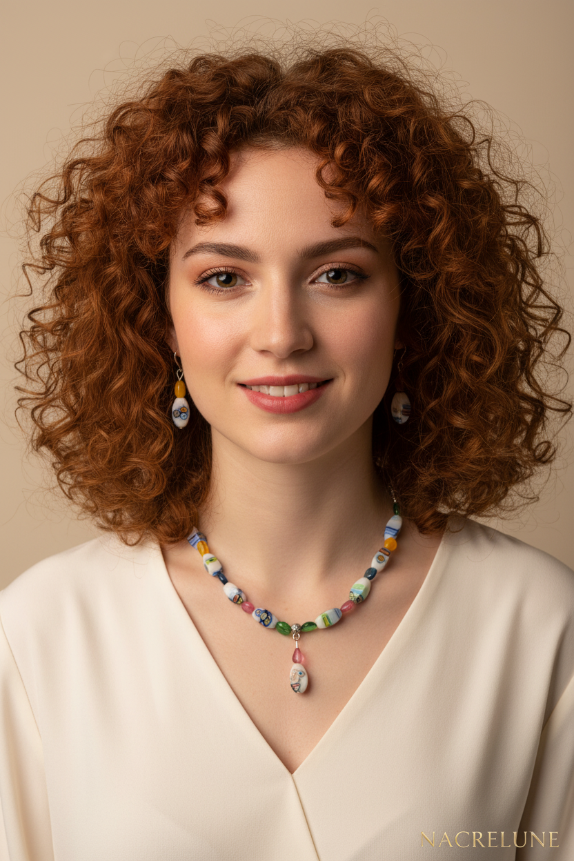 Femme rousse parure verre coloré NACRELUNE