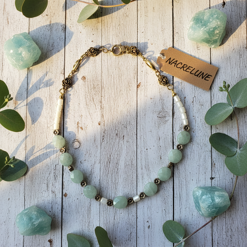 Flat lay aigues-marines bois NACRELUNE