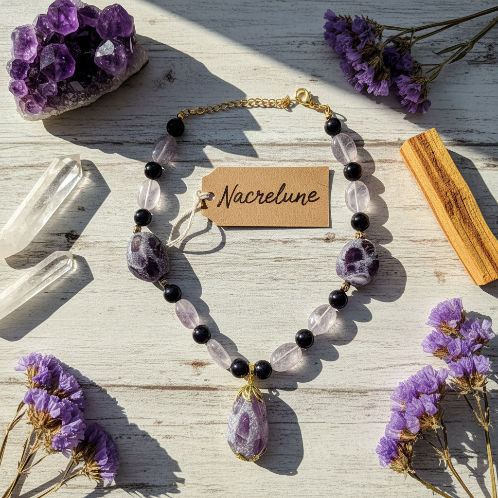 Flat lay améthystes bois cristaux NACRELUNE