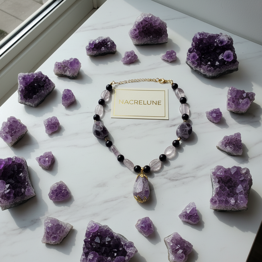 Flat lay améthystes marbre cristaux NACRELUNE