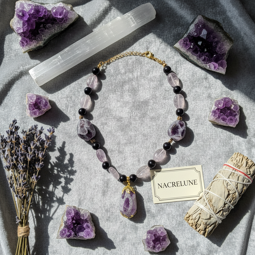 Flat lay améthystes velours lithothérapie NACRELUNE