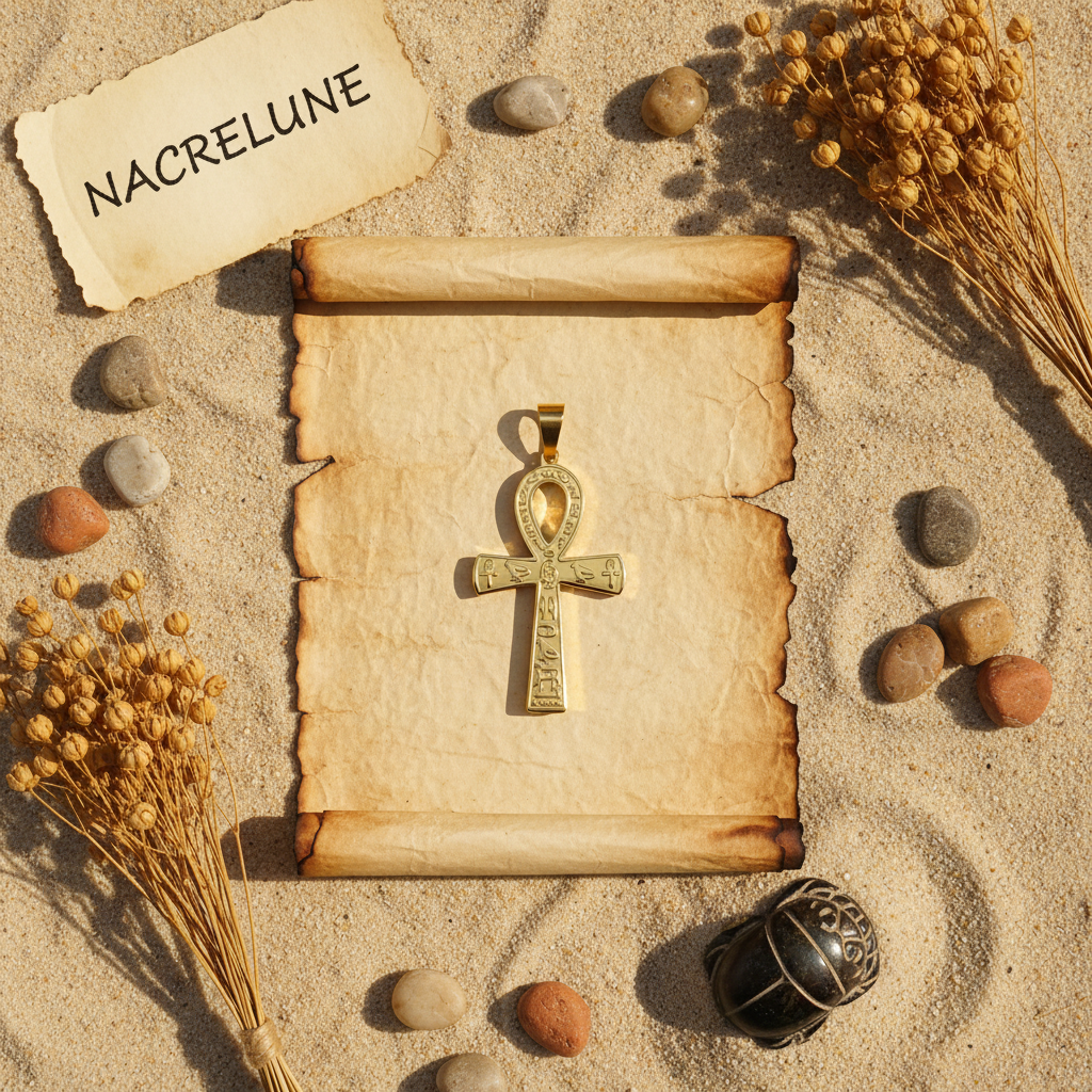 Flat lay Ankh parchemin sable scarabée NACRELUNE