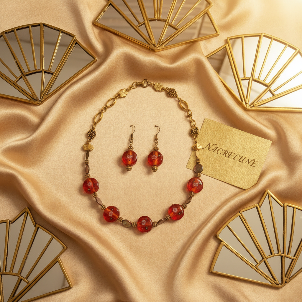 parure rouge en perles de verre et perles de nacre noire nacrelune.com parure