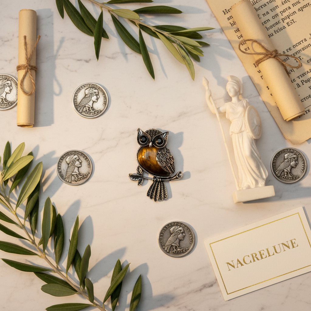 Flat lay Athéna marbre pendentif chouette NACRELUNE