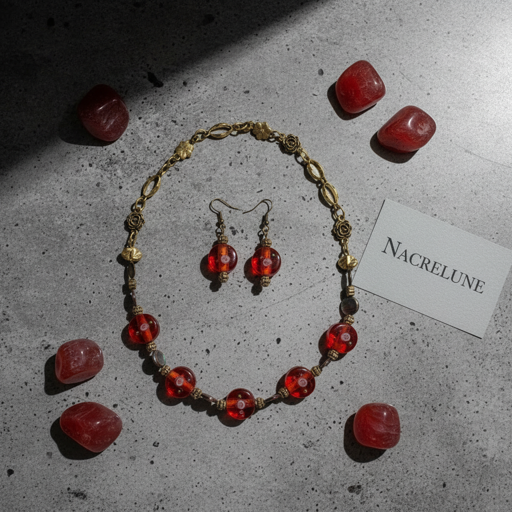 parure rouge en perles de verre et perles de nacre noire nacrelune.com parure