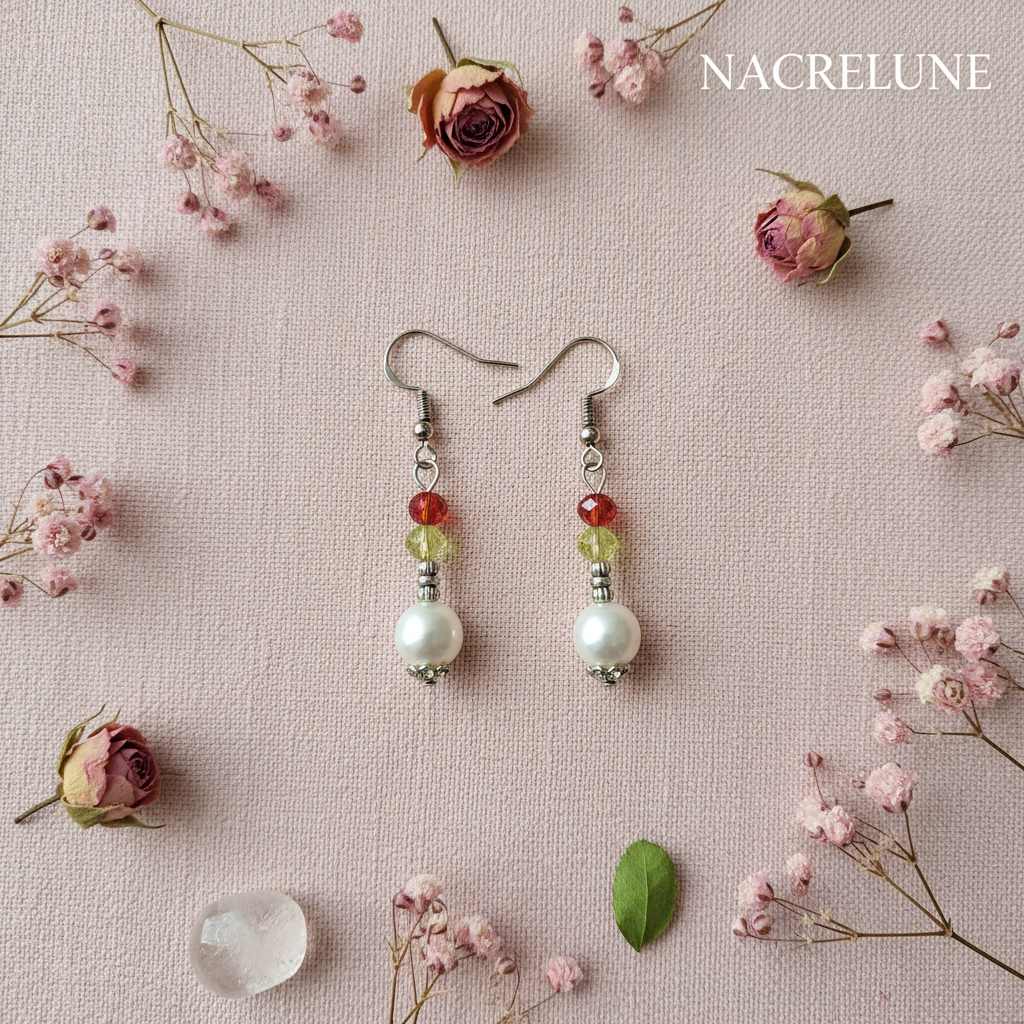 Boucles d'oreille perle de nacre et strass – Monture argentée & éclat cristallin nacrelune.com boucles d'oreille