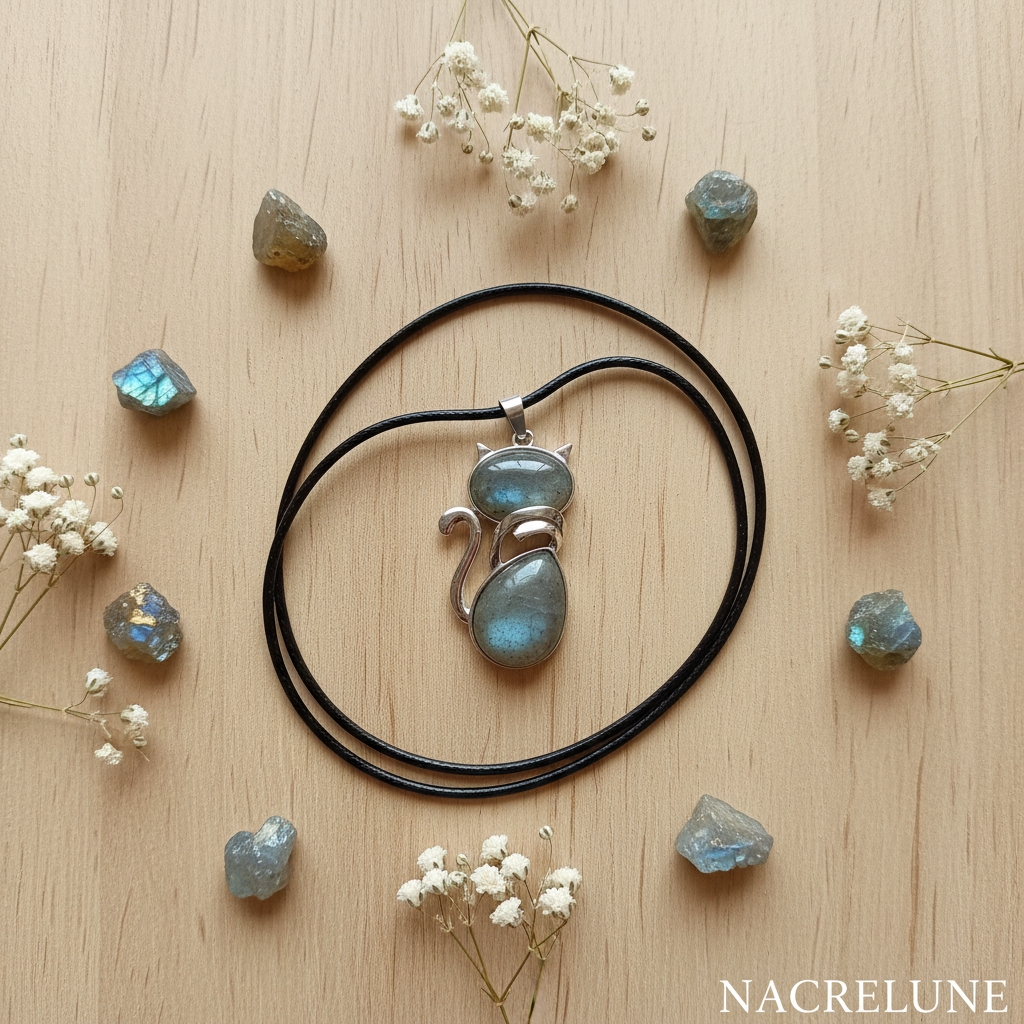 Pendentif Chat Labradorite | Tour de Cou Coton Ciré Noir NACRELUNE pendentif