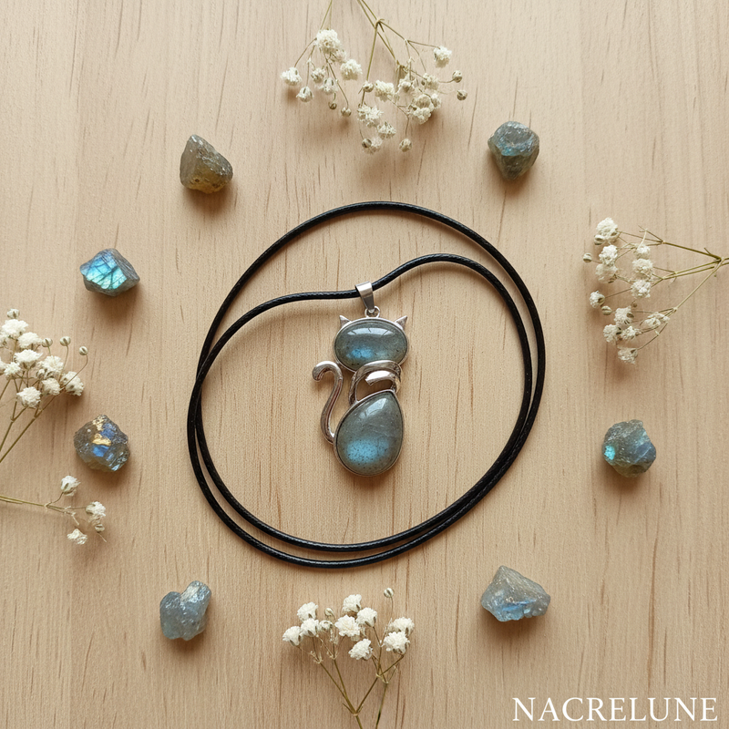 Pendentif Chat Labradorite | Tour de Cou Coton Ciré Noir NACRELUNE pendentif