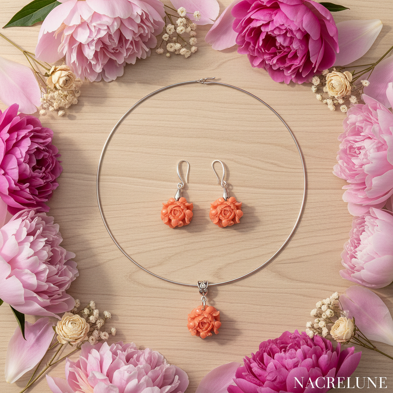 Parure Pivoine Corail | Collier Ras-de-Cou Rigide & Boucles d'Oreilles NACRELUNE parure