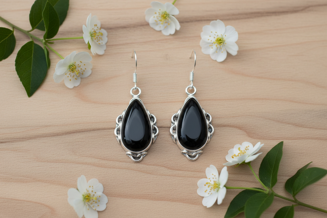 Boucles d'oreille en argent et onyx poli nacrelune.com boucles d'oreille