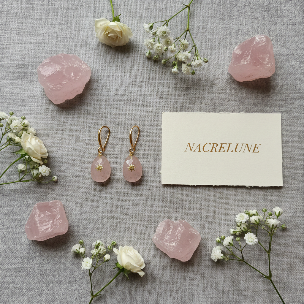 Flat lay boucles quartz rose lin gris NACRELUNE