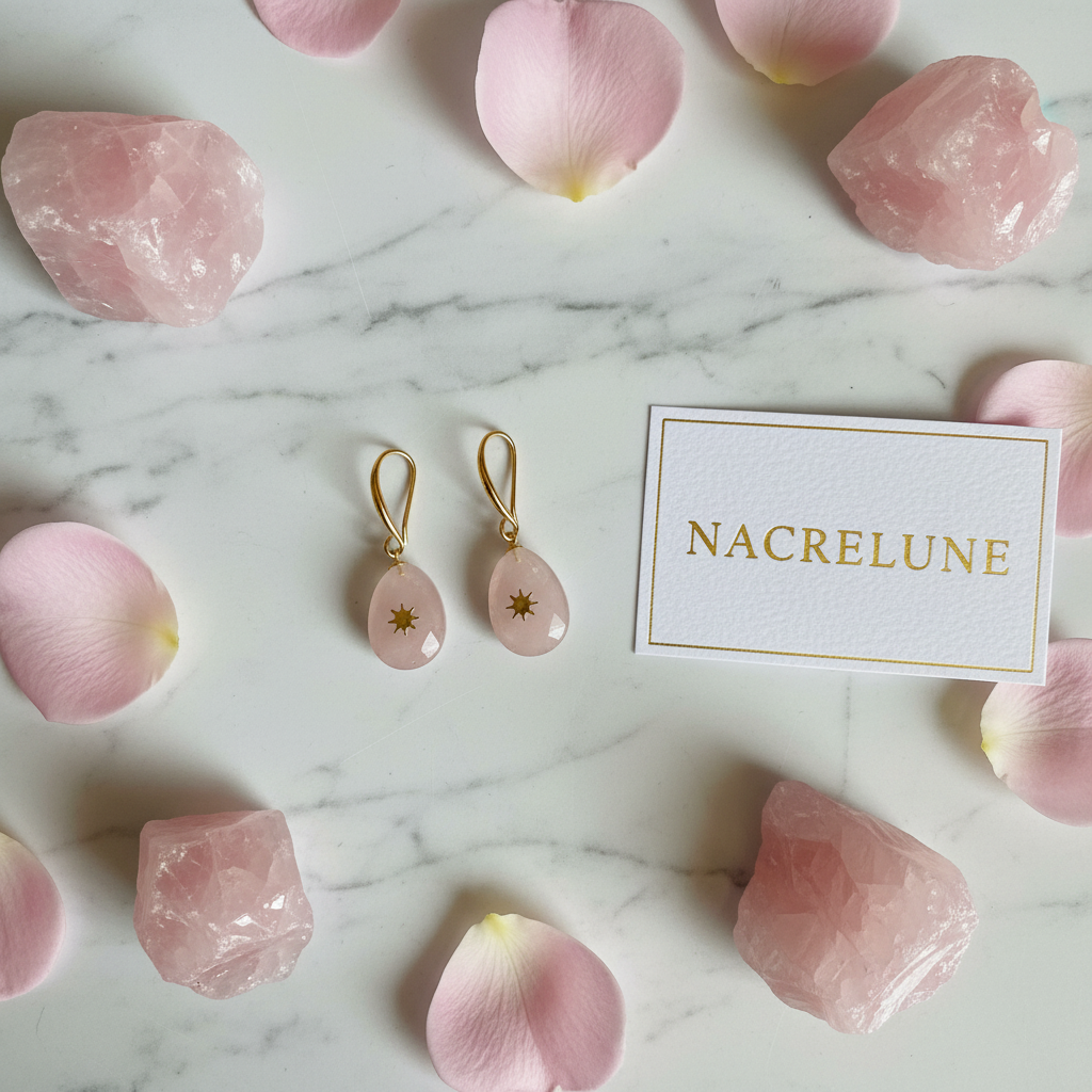 Boucles d'Oreille Quartz Rose Naturel - Lithothérapie nacrelune.com boucles d'oreille