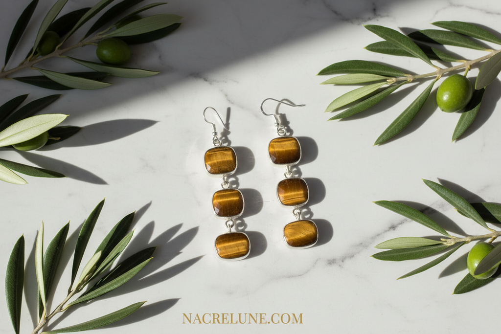 Boucles d'oreille en argent avec oeil du tigre taillé nacrelune.com boucles d'oreille