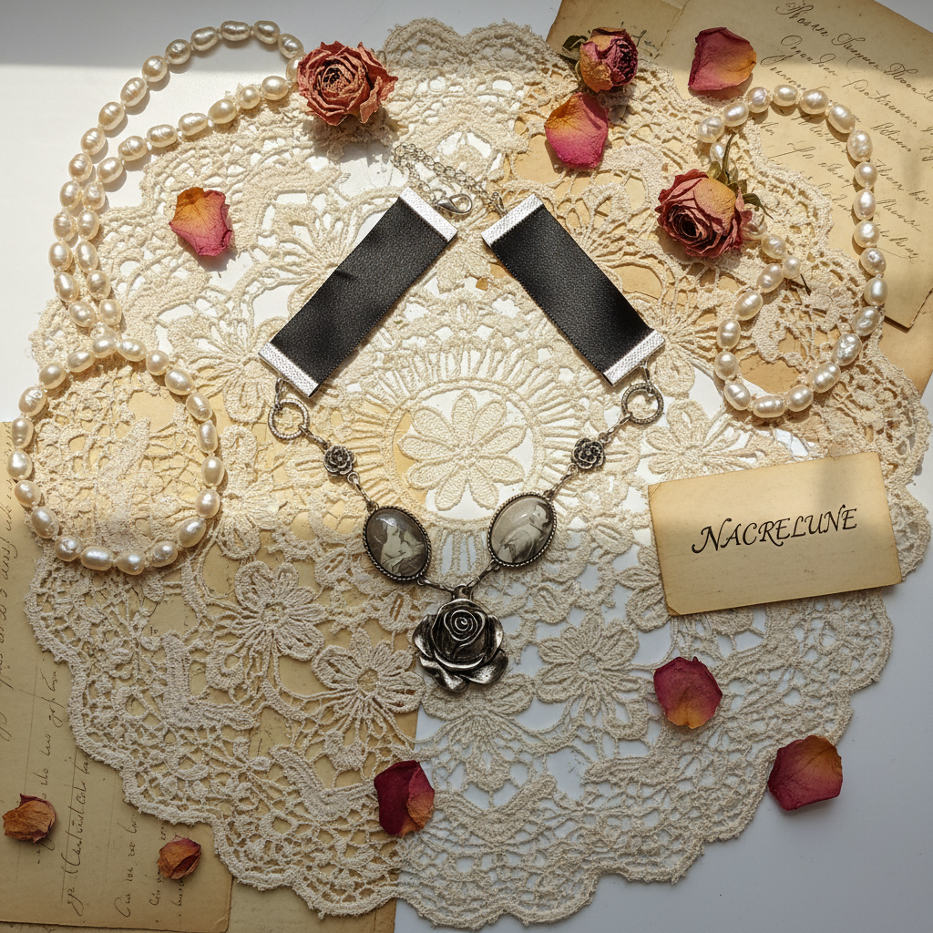 Collier Camées sur Ruban Satin, Dentelle et Vintage Édouardien nacrelune.com collier