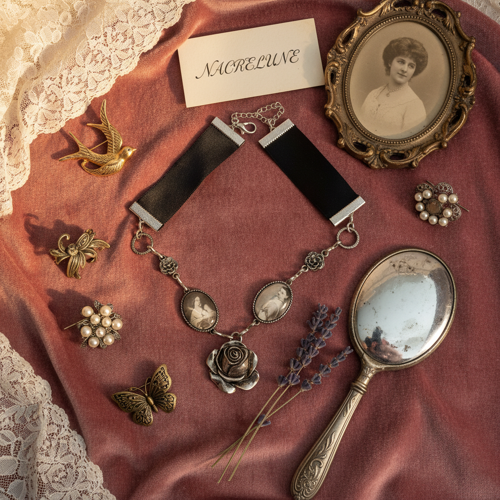 Collier Camées sur Ruban Satin, Dentelle et Vintage Édouardien nacrelune.com collier