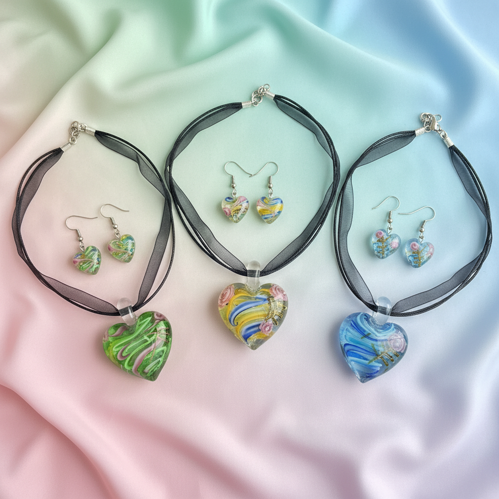 Parure coeurs en verre décoré : choisissez votre couleur nacrelune.com parure