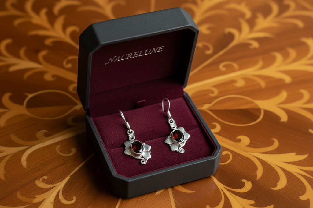Boucles d’oreille en argent avec grenats nacrelune.com boucles d'oreille