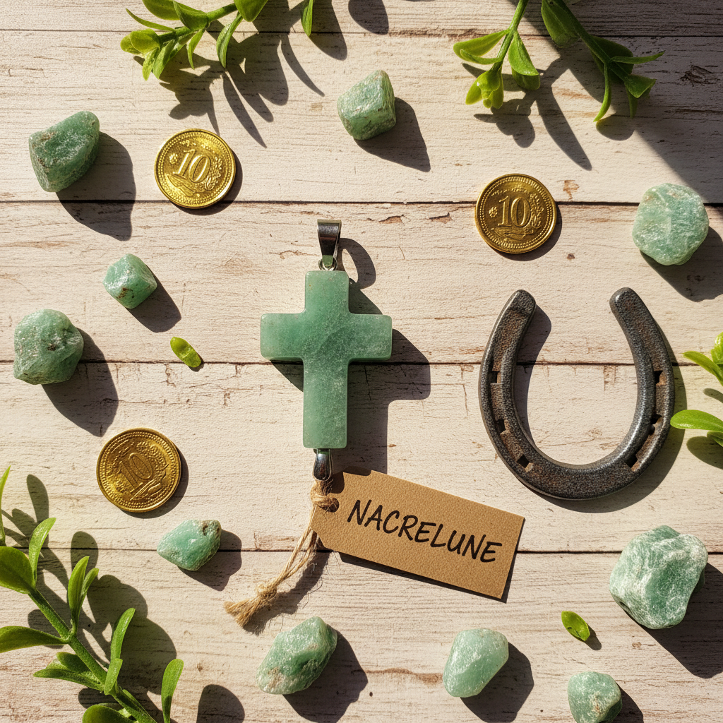 Flat lay croix aventurine bois chance NACRELUNE