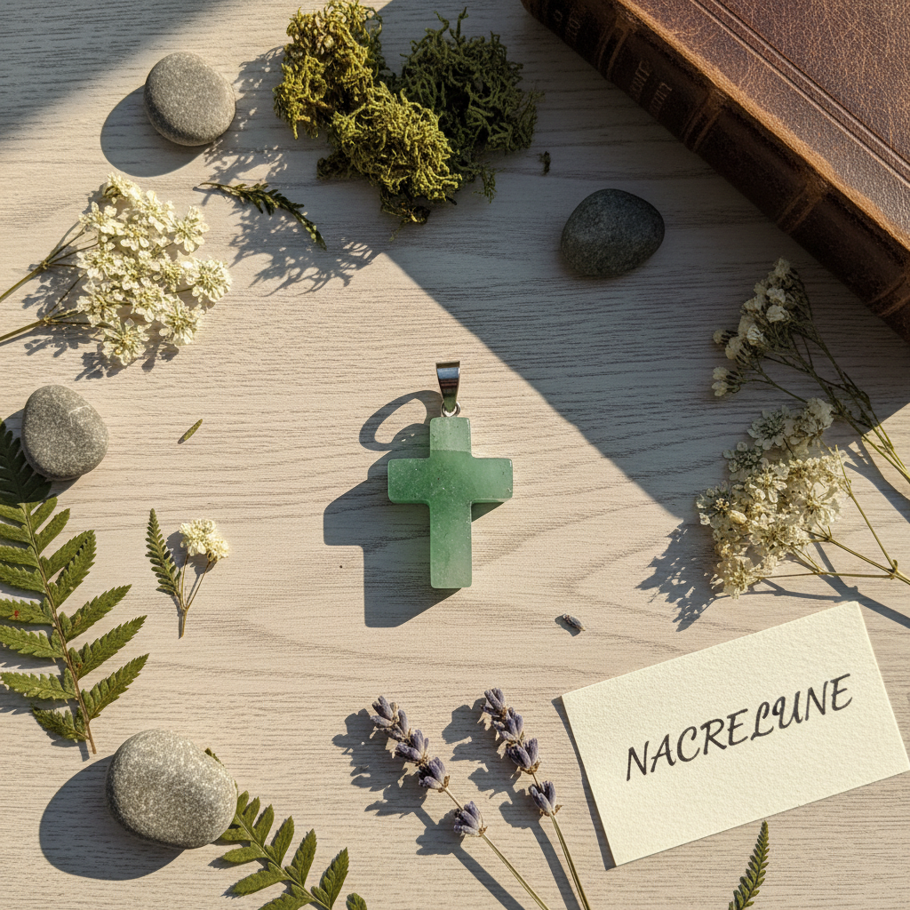 Flat lay croix aventurine bois mousse NACRELUNE