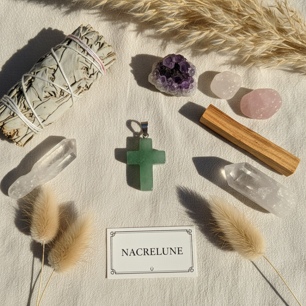 Flat lay croix aventurine coton sauge NACRELUNE