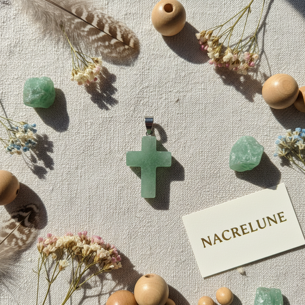 Flat lay croix aventurine lin fleurs NACRELUNE