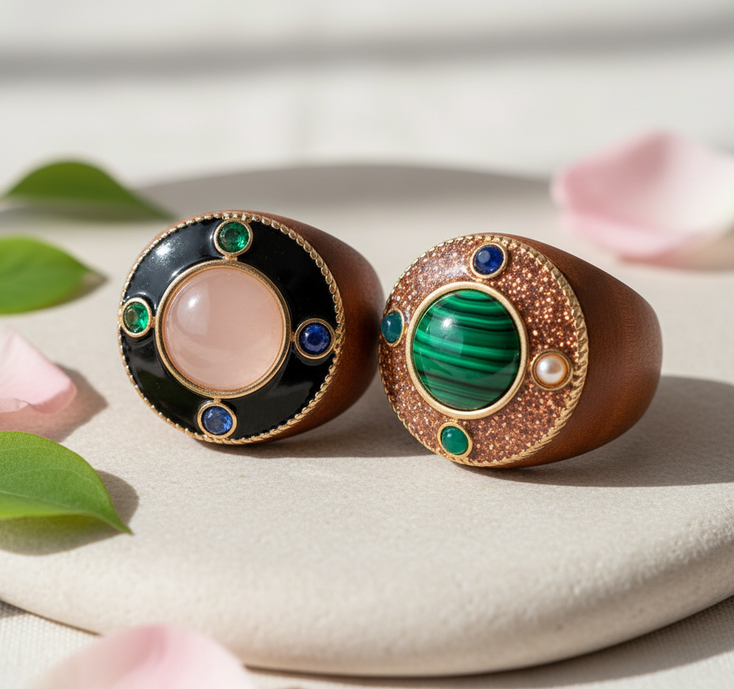 Bagues en bois naturel avec pierres véritables nacrelune.com Bague