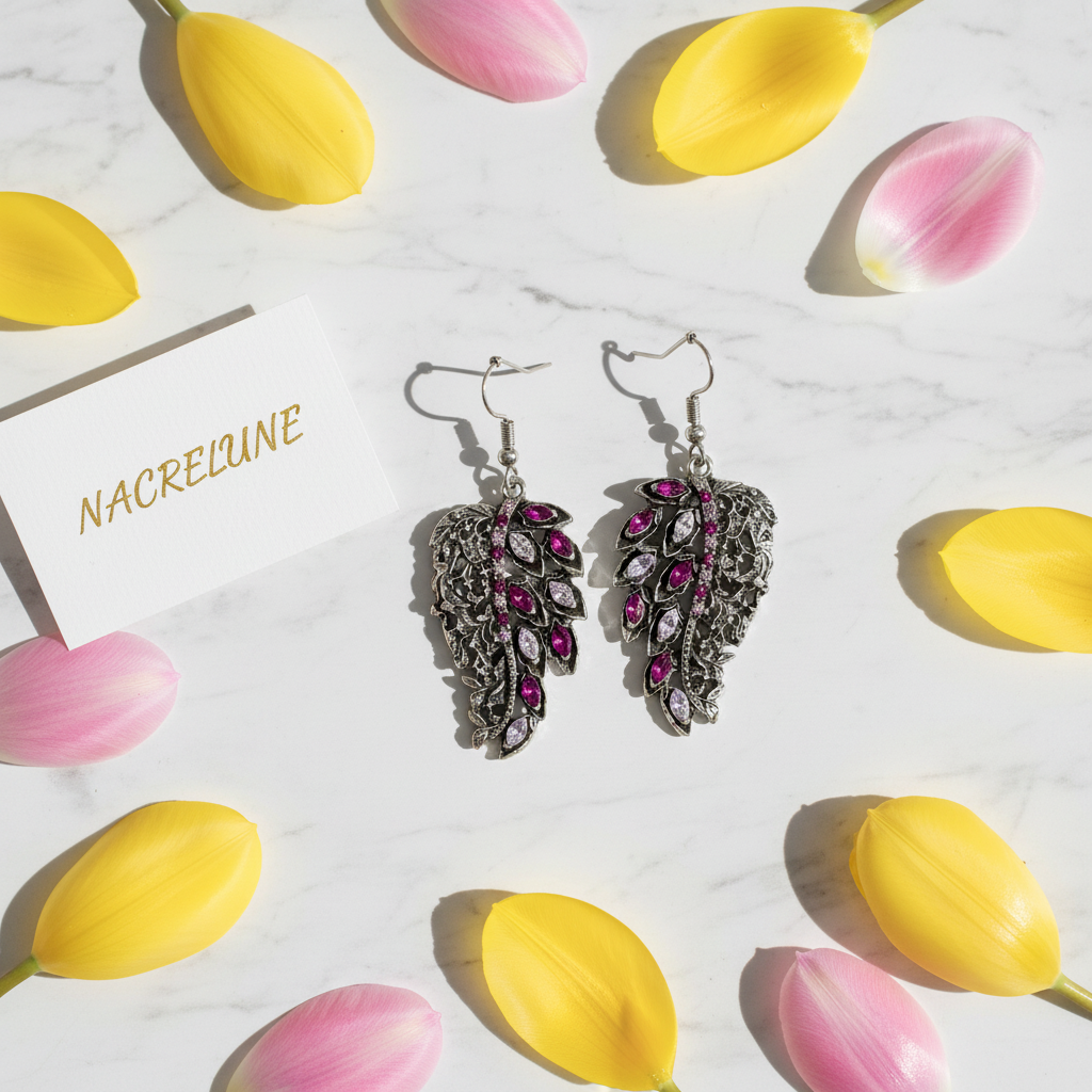 Boucles d'oreille fantaisie strass en forme de feuilles nacrelune.com boucles d'oreille