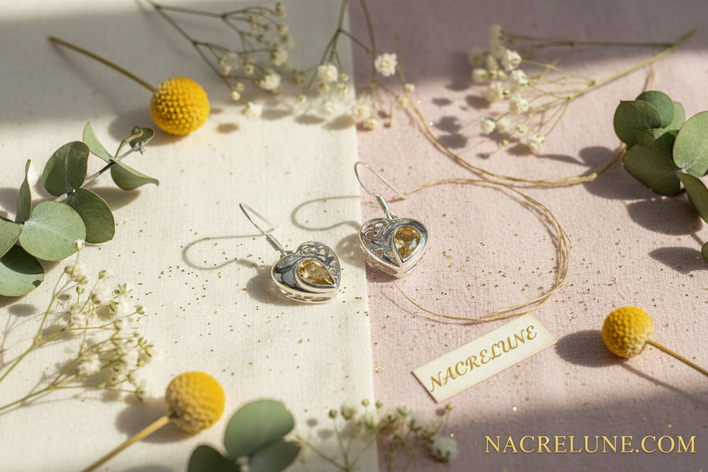 Boucles d’oreille en argent avec citrines en forme de coeur nacrelune.com boucles d'oreille