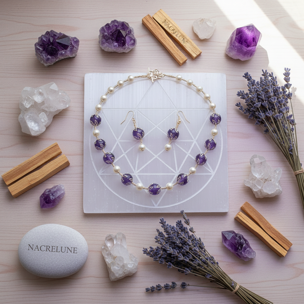 parure perles de nacre et améthystes véritables polies nacrelune.com parure