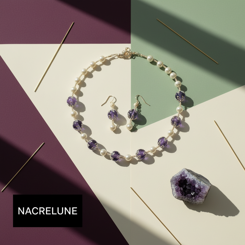 parure perles de nacre et améthystes véritables polies nacrelune.com parure