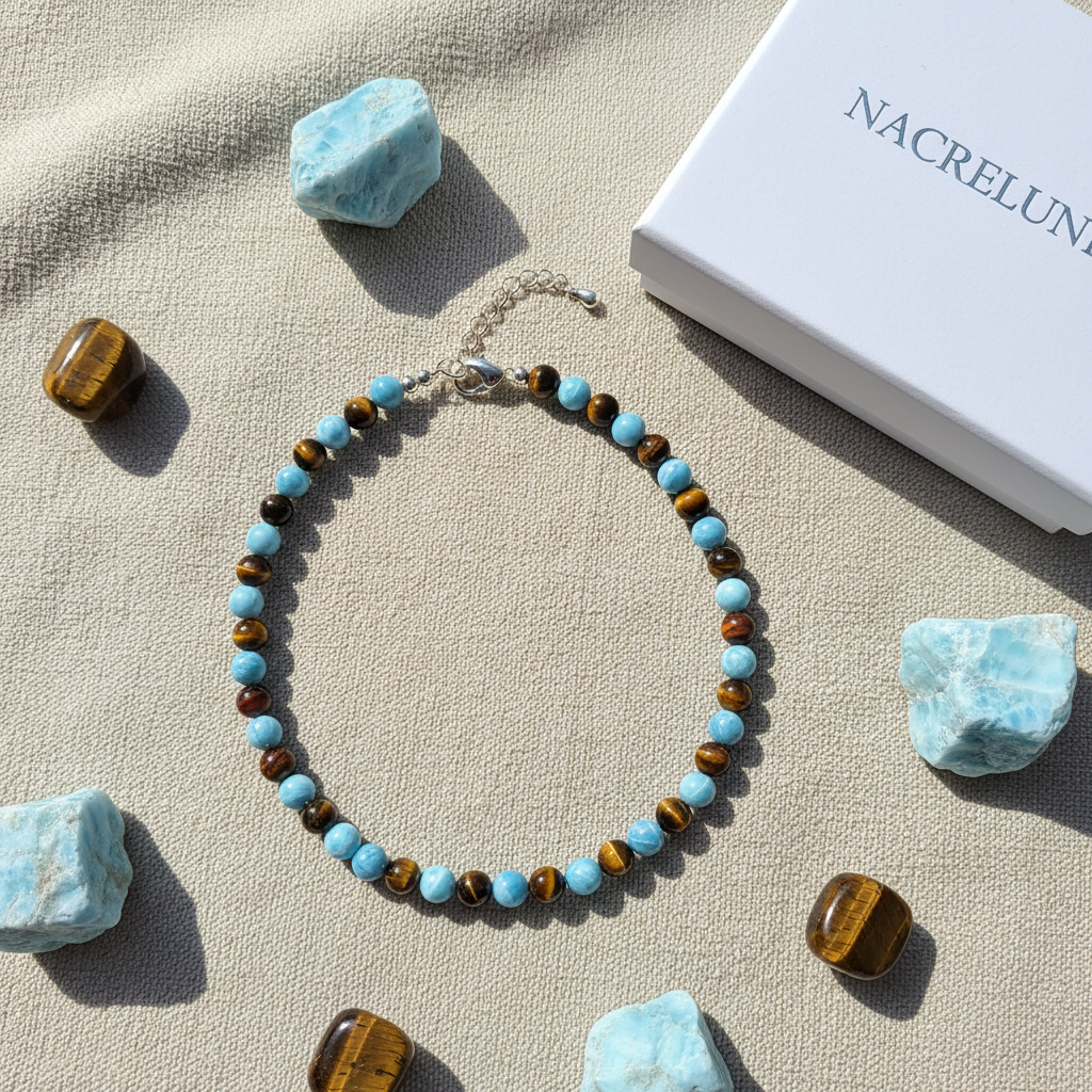 Flat lay larimar œil tigre lin NACRELUNE