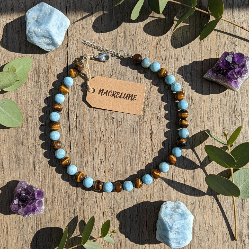 Collier Larimar et Œil du Tigre Naturels - Lithothérapie nacrelune.com collier