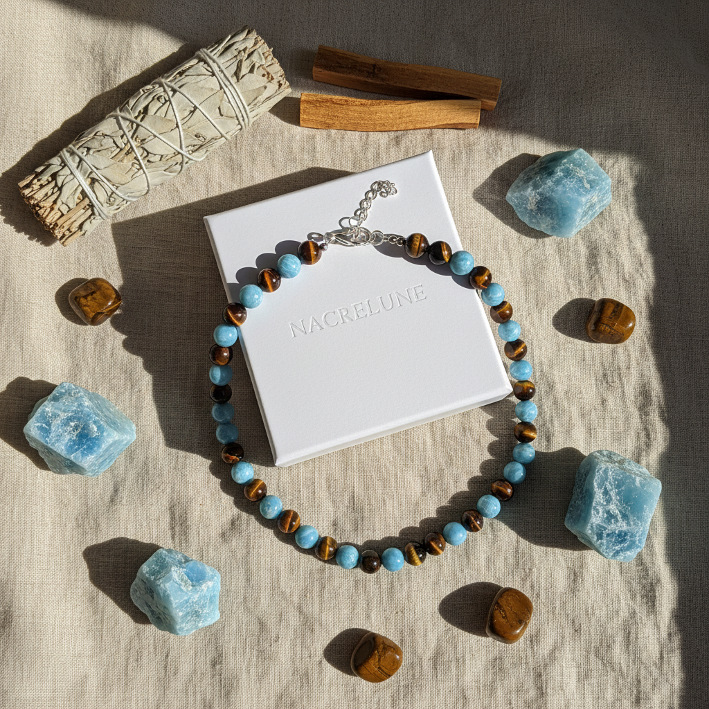 Collier Larimar et Œil du Tigre Naturels - Lithothérapie nacrelune.com collier