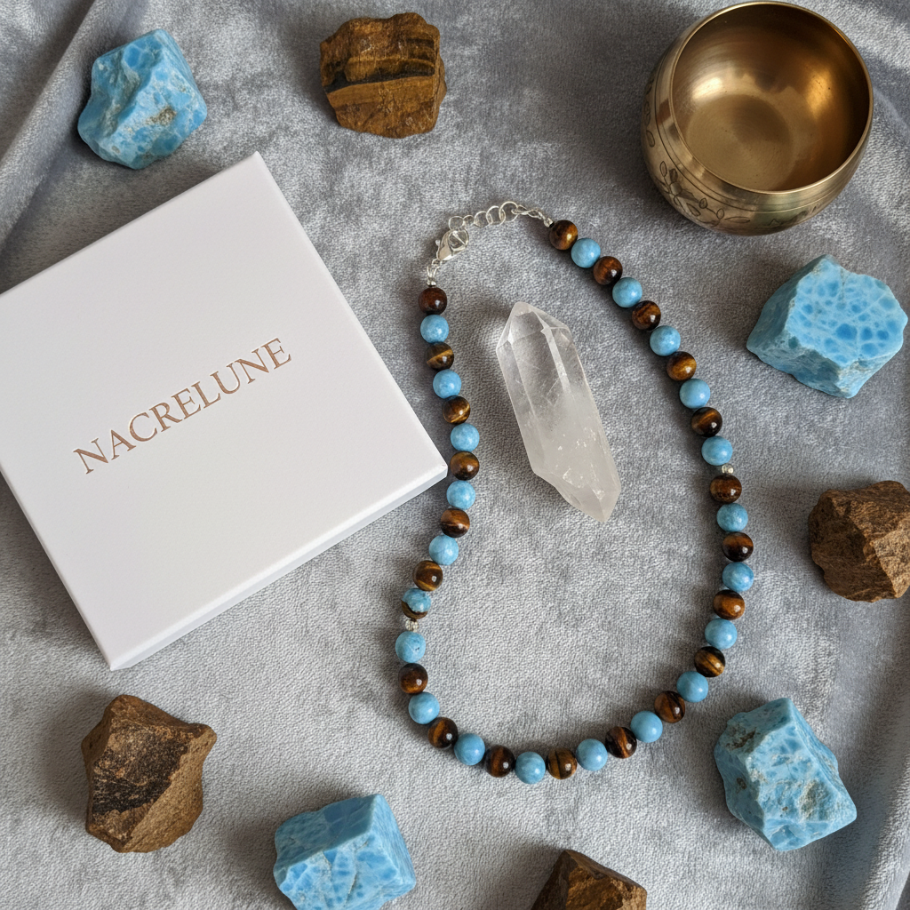 Collier Larimar et Œil du Tigre Naturels - Lithothérapie nacrelune.com collier