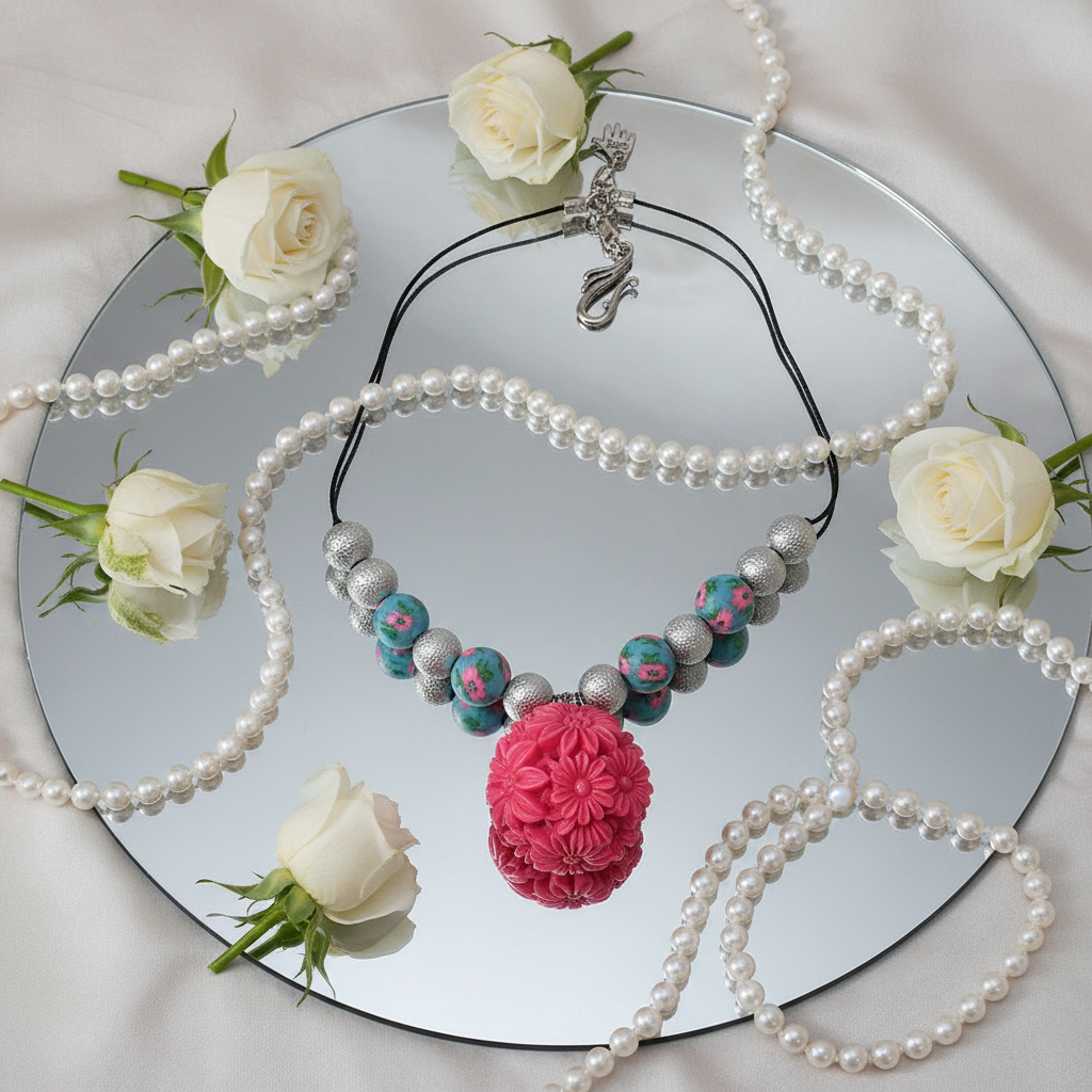 Collier en pâte fimo, acrylique et fleurs en resine NACRELUNE collier