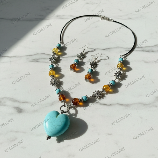 Parure ambre et cœur turquoise NACRELUNE parure