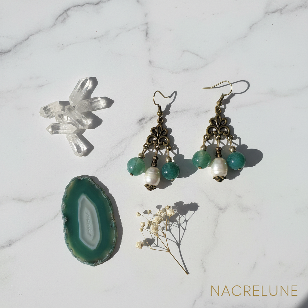 Boucles d'oreille agates et perles de culture – Bijou lithothérapie & élégance naturelle nacrelune.com boucles d'oreille