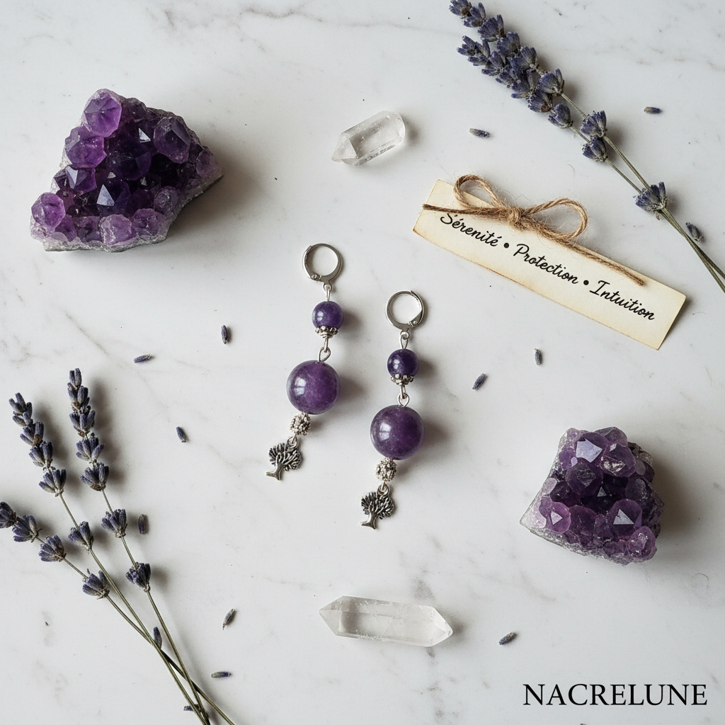 Boucles d'oreille en améthyste naturelle | NACRELUNE nacrelune.com boucles d'oreille