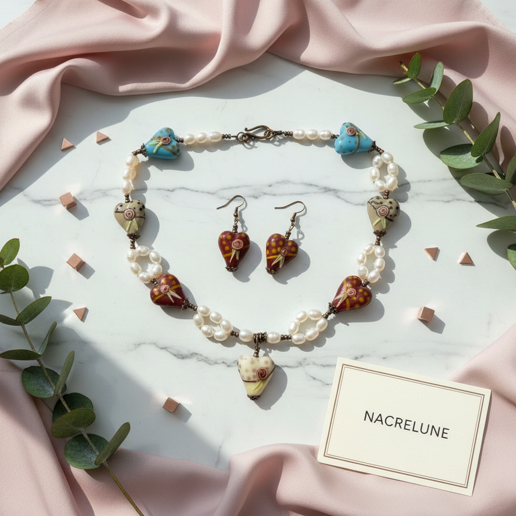 parure en perles de culture et coeurs en verre décoré Rouge nacrelune.com parure