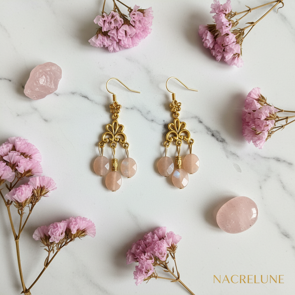 Boucles d'oreille pierres de lune roses – Bijou lithothérapie & douceur lunaire nacrelune.com boucles d'oreille