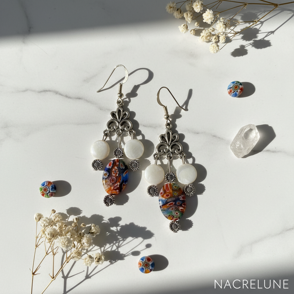Boucles d'oreille verre millefiori et nacre – Bijou artisanal & éclat vénitien nacrelune.com boucles d'oreille