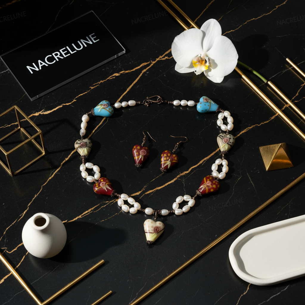 parure en perles de culture et coeurs en verre décoré nacrelune.com parure