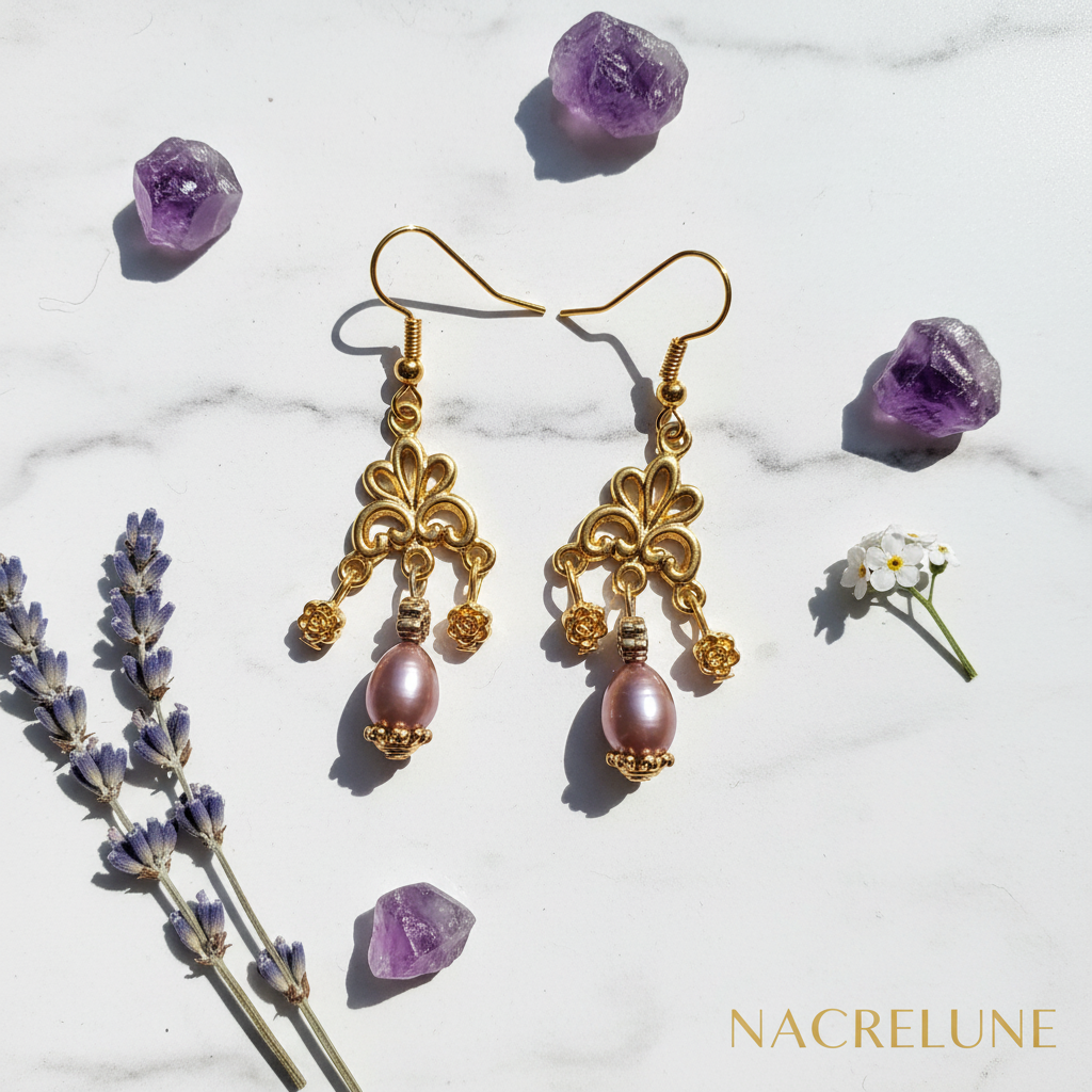 Boucles d'oreille perle de culture mauve – Bijou nacré & élégance violette nacrelune.com boucles d'oreille